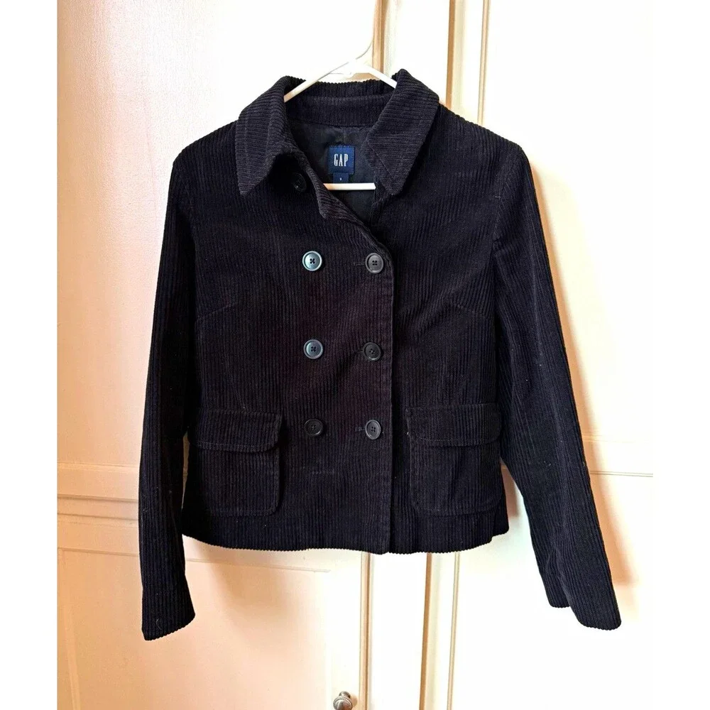 Y2K GAP Womens Small Black Corduroy Double Breasted Blazer Jacket Cropped